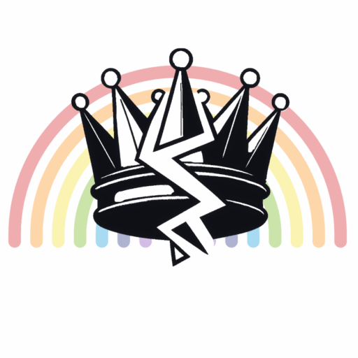 a black shattered crown in front of a muted rainbow